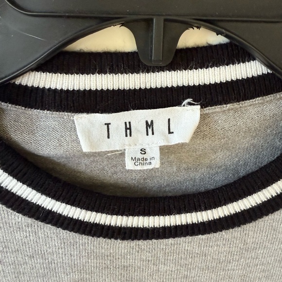 THML lightweight Gray Crewneck Sweater Smiley face Sleeves Black &White Trim - Picture 4 of 5